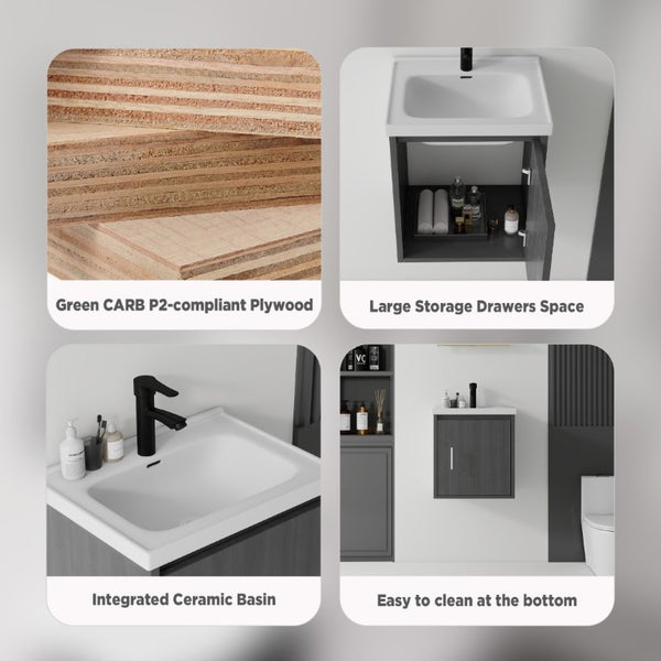 English Elm 20 Inch Floating Bathroom Vanity with Plywood Cabinet and Ceramic Sink for Small Spaces Grey - A B2775P510793
