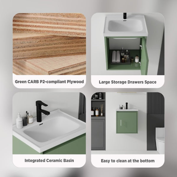 English Elm 20 Inch Floating Bathroom Vanity with Plywood Cabinet and Ceramic Sink for Small Spaces Green B2775P510795