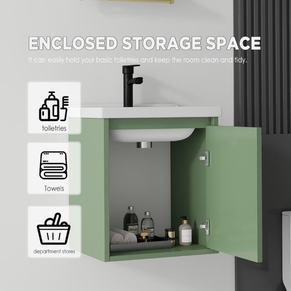 English Elm 20 Inch Floating Bathroom Vanity with Plywood Cabinet and Ceramic Sink for Small Spaces Green B2775P510795