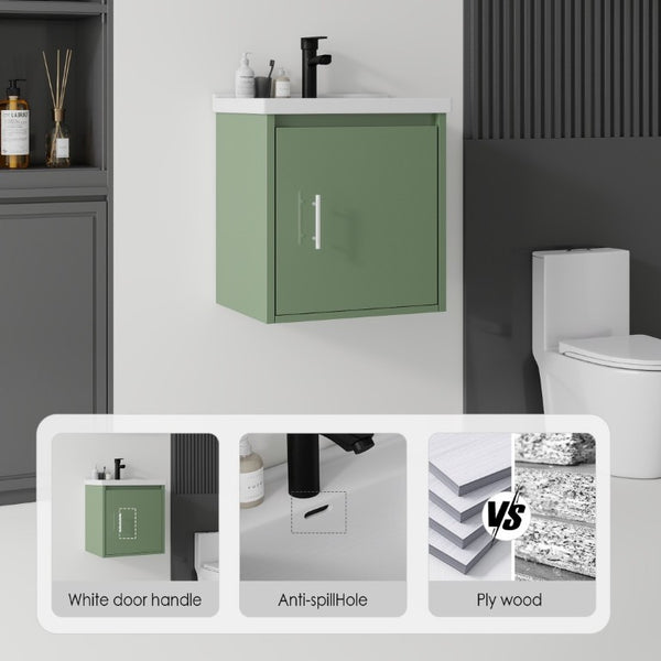 English Elm 20 Inch Floating Bathroom Vanity with Plywood Cabinet and Ceramic Sink for Small Spaces Green B2775P510795