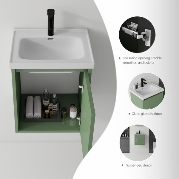 English Elm 20 Inch Floating Bathroom Vanity with Plywood Cabinet and Ceramic Sink for Small Spaces Green B2775P510795