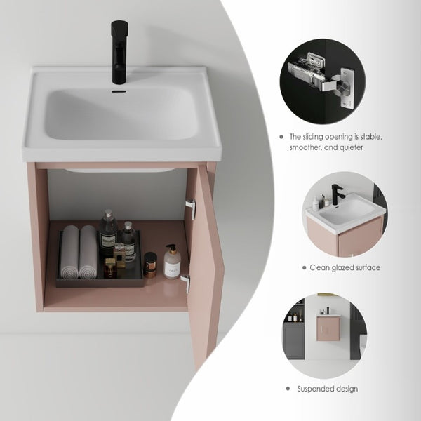 English Elm 20 Inch Floating Bathroom Vanity with Plywood Cabinet and Ceramic Sink for Small Spaces Pink B2775P510797
