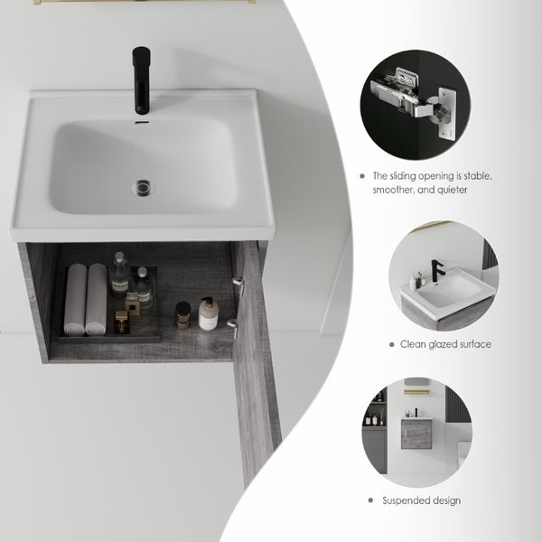 English Elm 20 Inch Floating Bathroom Vanity with Plywood Cabinet and Ceramic Sink for Small Spaces Grey - B B2775P510798