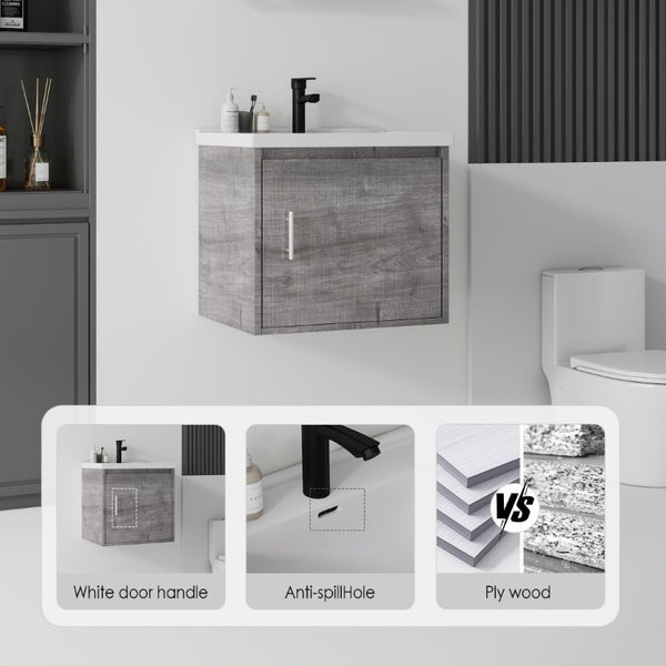 English Elm 20 Inch Floating Bathroom Vanity with Plywood Cabinet and Ceramic Sink for Small Spaces Grey - B B2775P510798