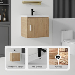 English Elm 20 Inch Floating Bathroom Vanity with Plywood Cabinet and Ceramic Sink for Small Spaces Oak - A B2775P510799
