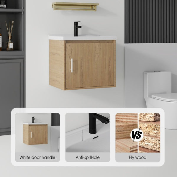 English Elm 20 Inch Floating Bathroom Vanity with Plywood Cabinet and Ceramic Sink for Small Spaces Oak - A B2775P510799