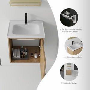 English Elm 20 Inch Floating Bathroom Vanity with Plywood Cabinet and Ceramic Sink for Small Spaces Oak - A B2775P510799
