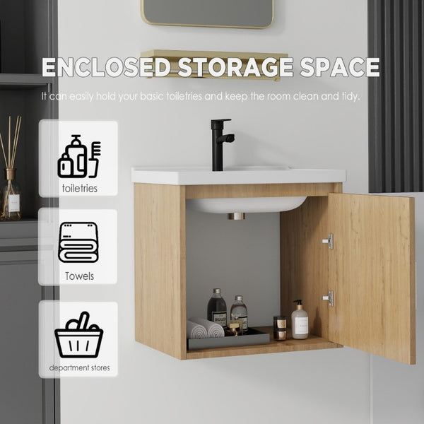 English Elm 20 Inch Floating Bathroom Vanity with Plywood Cabinet and Ceramic Sink for Small Spaces Oak - A B2775P510799