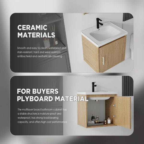 English Elm 20 Inch Floating Bathroom Vanity with Plywood Cabinet and Ceramic Sink for Small Spaces Oak - A B2775P510799