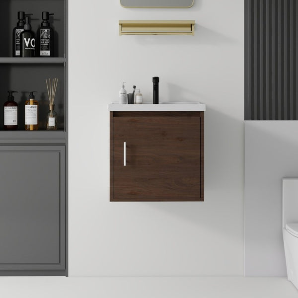 English Elm 20 Inch Floating Bathroom Vanity with Plywood Cabinet and Ceramic Sink for Small Spaces Brown B2775P510800