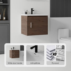 English Elm 20 Inch Floating Bathroom Vanity with Plywood Cabinet and Ceramic Sink for Small Spaces Brown B2775P510800