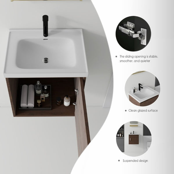 English Elm 20 Inch Floating Bathroom Vanity with Plywood Cabinet and Ceramic Sink for Small Spaces Brown B2775P510800