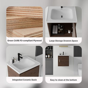 English Elm 20 Inch Floating Bathroom Vanity with Plywood Cabinet and Ceramic Sink for Small Spaces Brown B2775P510800
