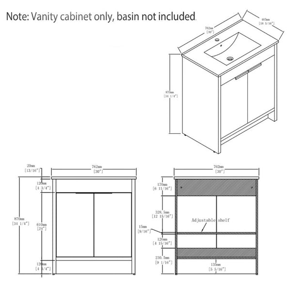 English Elm 30 Inch Freestanding Bathroom Vanity Cabinet Plywood Build Soft Close Doors Gray Finish Grey B2775P510816