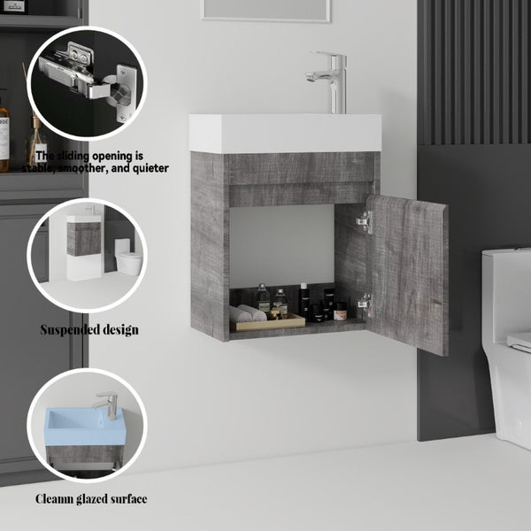 English Elm 18 Inch Wall Mounted Floating Bathroom Vanity with Ceramic Basin and Soft Close Cabinet Grey B2775P510831