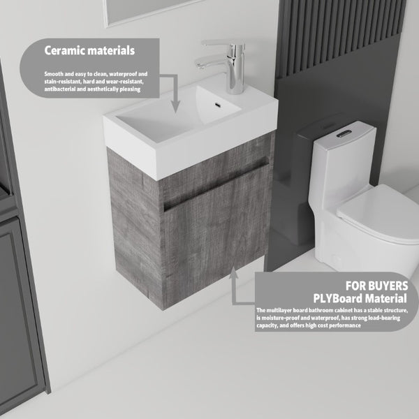 English Elm 18 Inch Wall Mounted Floating Bathroom Vanity with Ceramic Basin and Soft Close Cabinet Grey B2775P510831