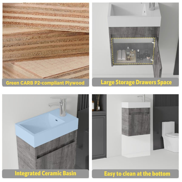 English Elm 18 Inch Wall Mounted Floating Bathroom Vanity with Ceramic Basin and Soft Close Cabinet Grey B2775P510831