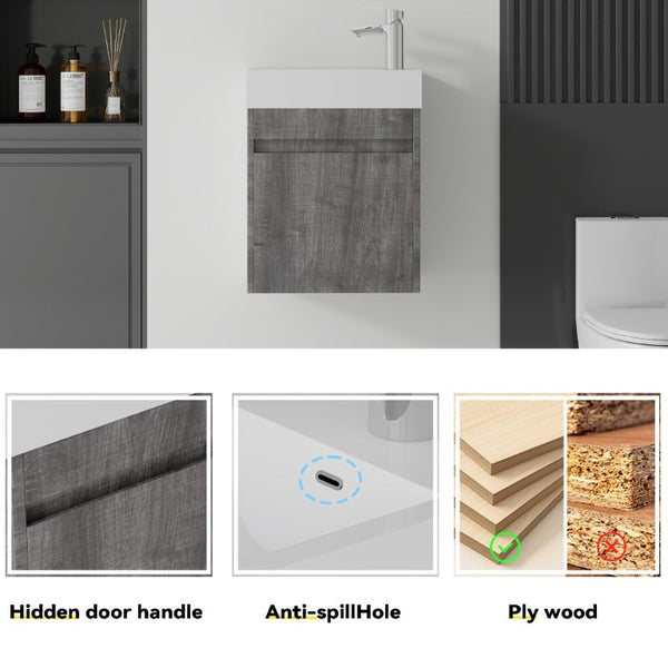 English Elm 18 Inch Wall Mounted Floating Bathroom Vanity with Ceramic Basin and Soft Close Cabinet Grey B2775P510831