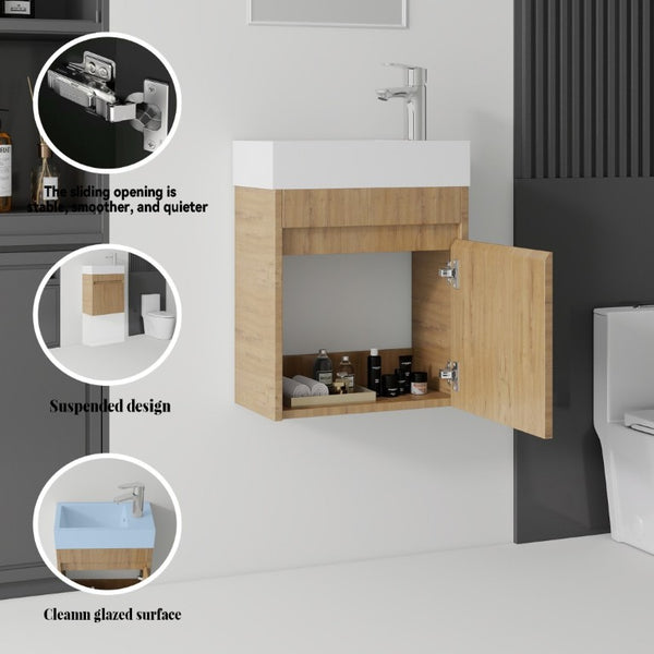 English Elm 18 Inch Wall Mounted Floating Bathroom Vanity with Ceramic Basin and Soft Close Cabinet Oak B2775P510832
