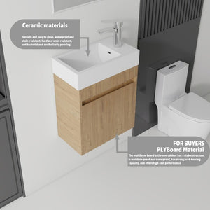 English Elm 18 Inch Wall Mounted Floating Bathroom Vanity with Ceramic Basin and Soft Close Cabinet Oak B2775P510832