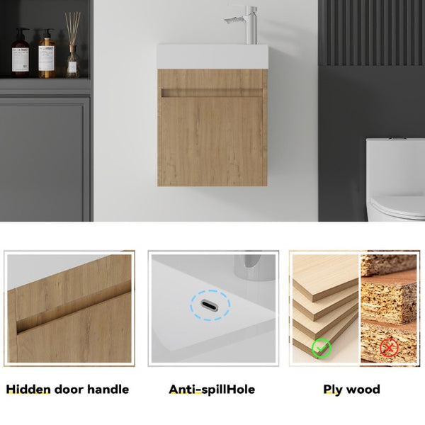 English Elm 18 Inch Wall Mounted Floating Bathroom Vanity with Ceramic Basin and Soft Close Cabinet Oak B2775P510832