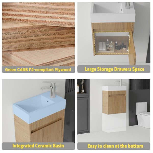 English Elm 18 Inch Wall Mounted Floating Bathroom Vanity with Ceramic Basin and Soft Close Cabinet Oak B2775P510832