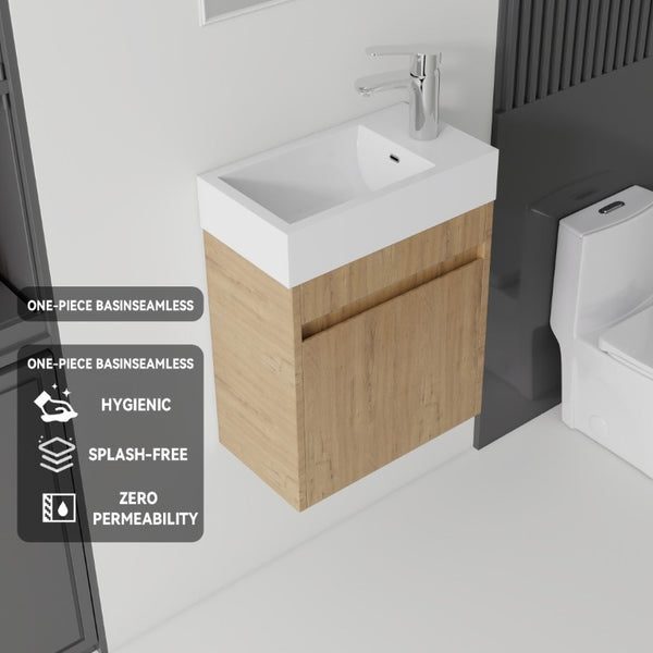 English Elm 18 Inch Wall Mounted Floating Bathroom Vanity with Ceramic Basin and Soft Close Cabinet Oak B2775P510832