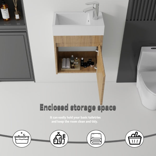 English Elm 18 Inch Wall Mounted Floating Bathroom Vanity with Ceramic Basin and Soft Close Cabinet Oak B2775P510832
