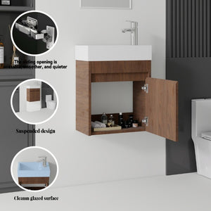 English Elm 18 Inch Wall Mounted Floating Bathroom Vanity with Ceramic Basin and Soft Close Cabinet Brown B2775P510833