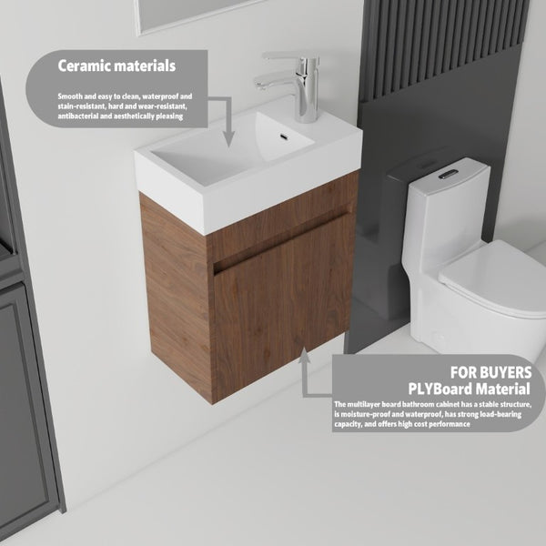English Elm 18 Inch Wall Mounted Floating Bathroom Vanity with Ceramic Basin and Soft Close Cabinet Brown B2775P510833