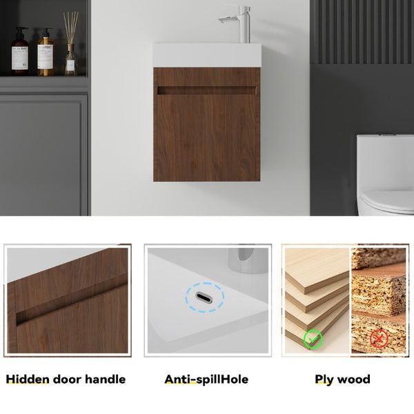 English Elm 18 Inch Wall Mounted Floating Bathroom Vanity with Ceramic Basin and Soft Close Cabinet Brown B2775P510833