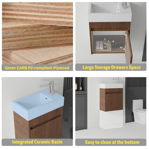English Elm 18 Inch Wall Mounted Floating Bathroom Vanity with Ceramic Basin and Soft Close Cabinet Brown B2775P510833