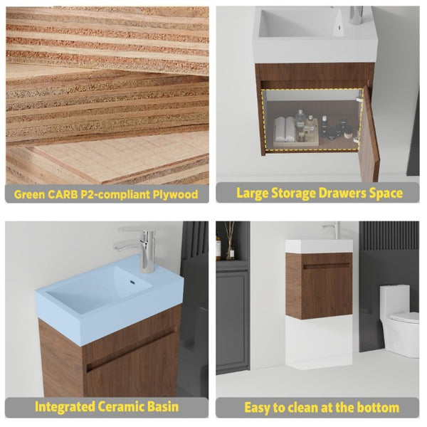 English Elm 18 Inch Wall Mounted Floating Bathroom Vanity with Ceramic Basin and Soft Close Cabinet Brown B2775P510833