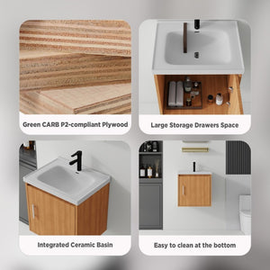 English Elm 20 Inch Floating Bathroom Vanity with Plywood Cabinet and Ceramic Sink for Small Spaces Oak - B B2775P516712