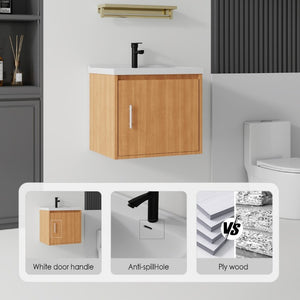 English Elm 20 Inch Floating Bathroom Vanity with Plywood Cabinet and Ceramic Sink for Small Spaces Oak - B B2775P516712