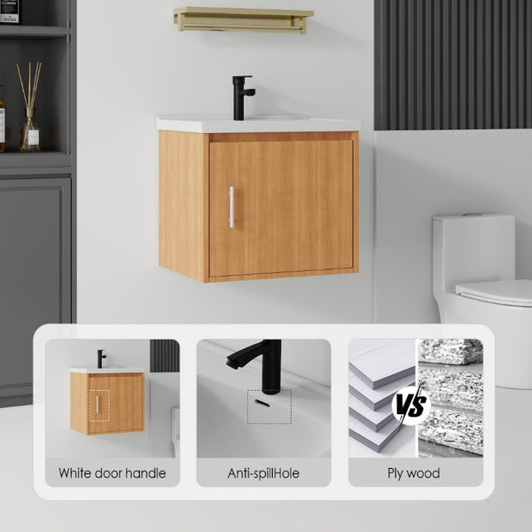 English Elm 20 Inch Floating Bathroom Vanity with Plywood Cabinet and Ceramic Sink for Small Spaces Oak - B B2775P516712