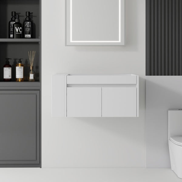English Elm 36 Inch Floating Bathroom Vanity with Plywood Build Soft Close Drawers Open Shelving White B2775P518036