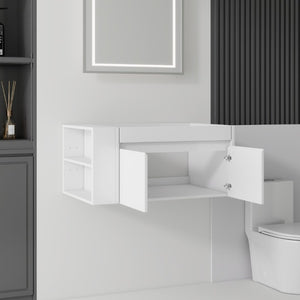 English Elm 36 Inch Floating Bathroom Vanity with Plywood Build Soft Close Drawers Open Shelving White B2775P518036