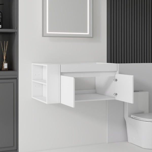English Elm 36 Inch Floating Bathroom Vanity with Plywood Build Soft Close Drawers Open Shelving White B2775P518036
