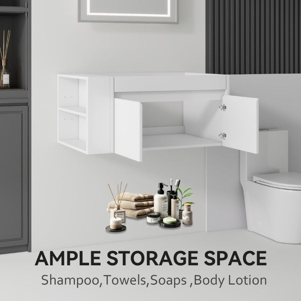 English Elm 36 Inch Floating Bathroom Vanity with Plywood Build Soft Close Drawers Open Shelving White B2775P518036