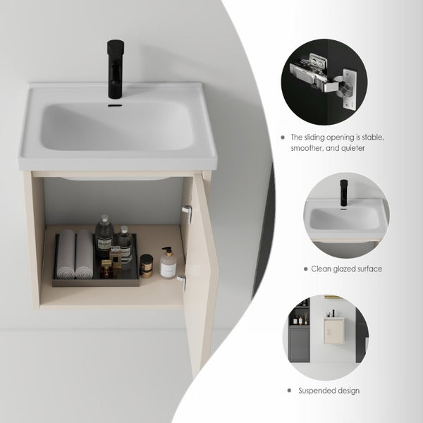 English Elm 16 Inch Floating Vanity with Ceramic Sink Soft Close Cabinet for Small Bathrooms Khaki B2775P518037