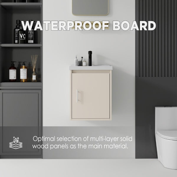 English Elm 16 Inch Floating Vanity with Ceramic Sink Soft Close Cabinet for Small Bathrooms Khaki B2775P518037