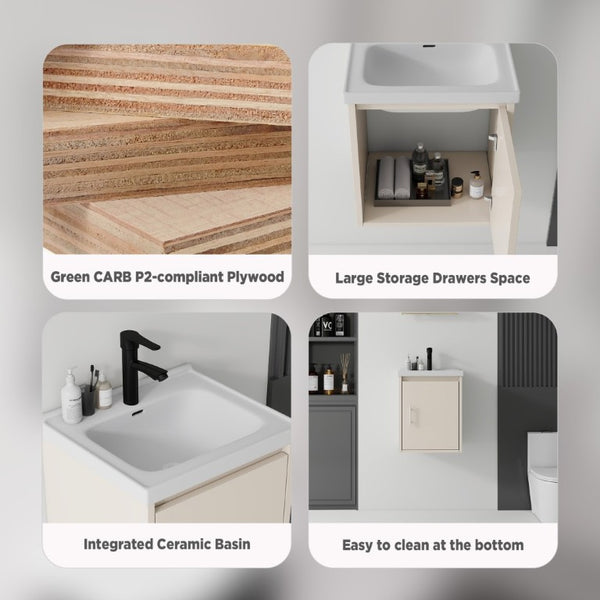English Elm 16 Inch Floating Vanity with Ceramic Sink Soft Close Cabinet for Small Bathrooms Khaki B2775P518037