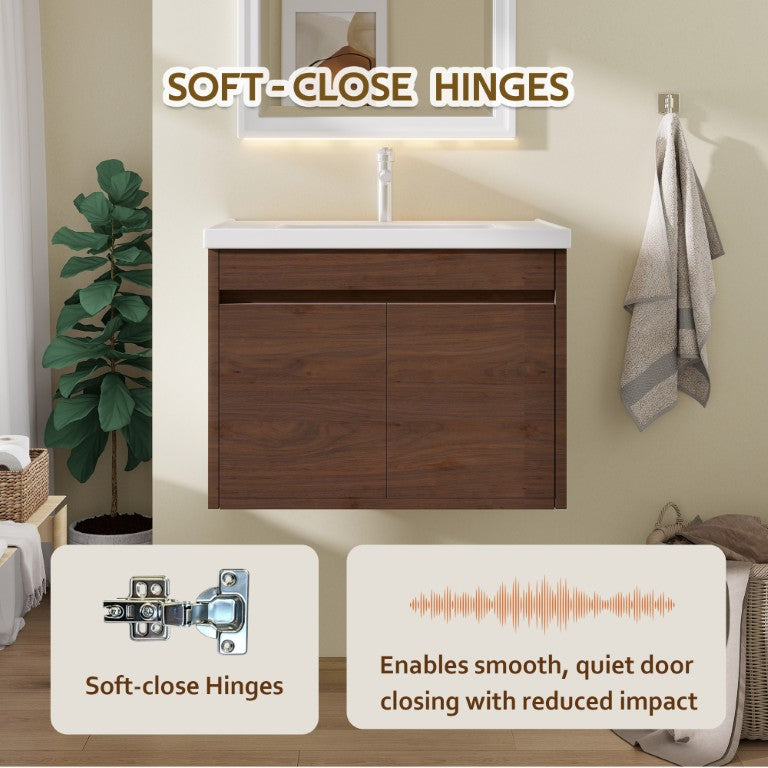 English Elm Double Door Floating Bathroom Vanity with Glossy Ceramic Basin and Soft Close Cabinet B2775P577384