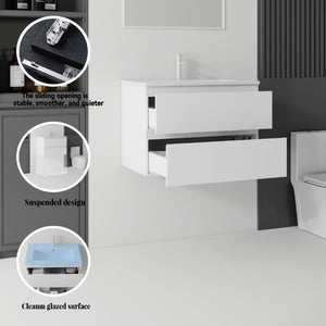 English Elm 24 Inch Floating Bathroom Vanity with Ceramic Sink Soft Close Drawer Modern Bath White B2775S00002