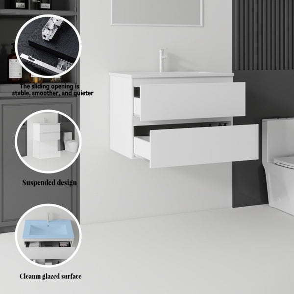 English Elm 24 Inch Floating Bathroom Vanity with Ceramic Sink Soft Close Drawer Modern Bath White B2775S00002