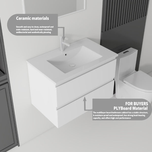 English Elm 24 Inch Floating Bathroom Vanity with Ceramic Sink Soft Close Drawer Modern Bath White B2775S00002