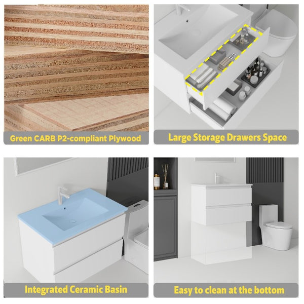 English Elm 24 Inch Floating Bathroom Vanity with Ceramic Sink Soft Close Drawer Modern Bath White B2775S00002