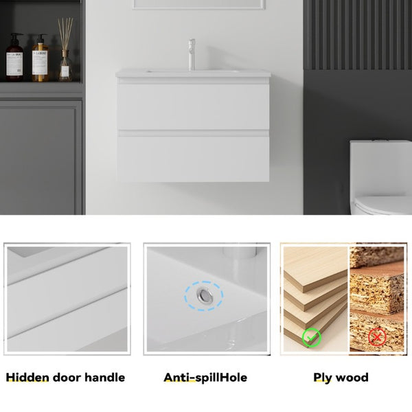 English Elm 24 Inch Floating Bathroom Vanity with Ceramic Sink Soft Close Drawer Modern Bath White B2775S00002