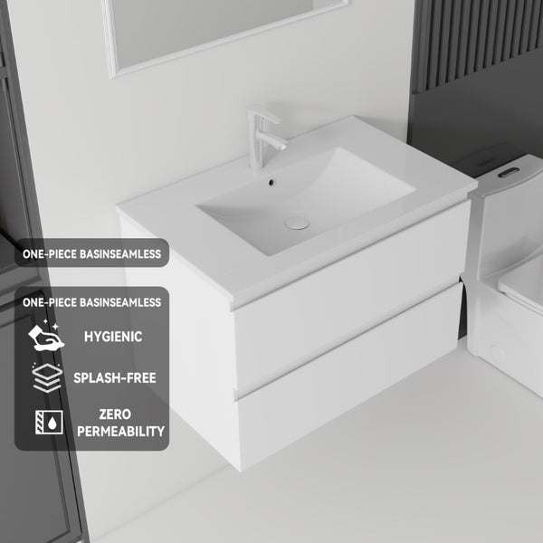 English Elm 24 Inch Floating Bathroom Vanity with Ceramic Sink Soft Close Drawer Modern Bath White B2775S00002